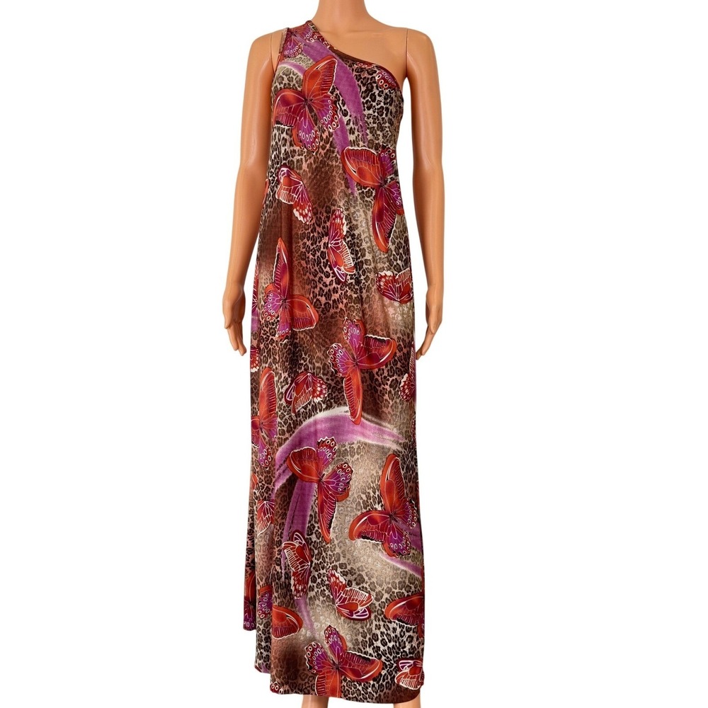 Bam-Bam One Shoulder Maxi Dress Leopard Butterfly Print Brown Pink Standard Size